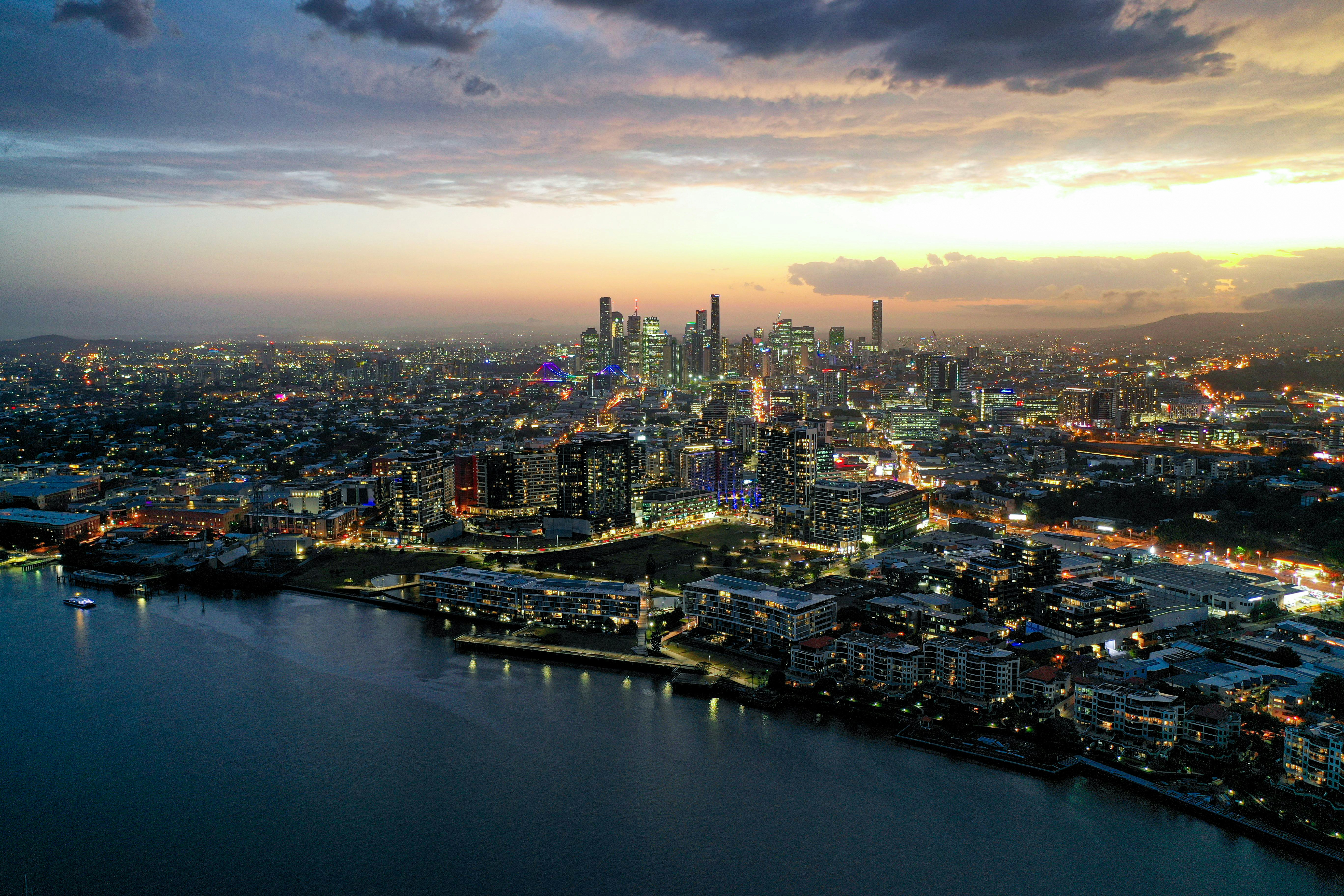 A night time aerial shot of Brisbane's CBD. 