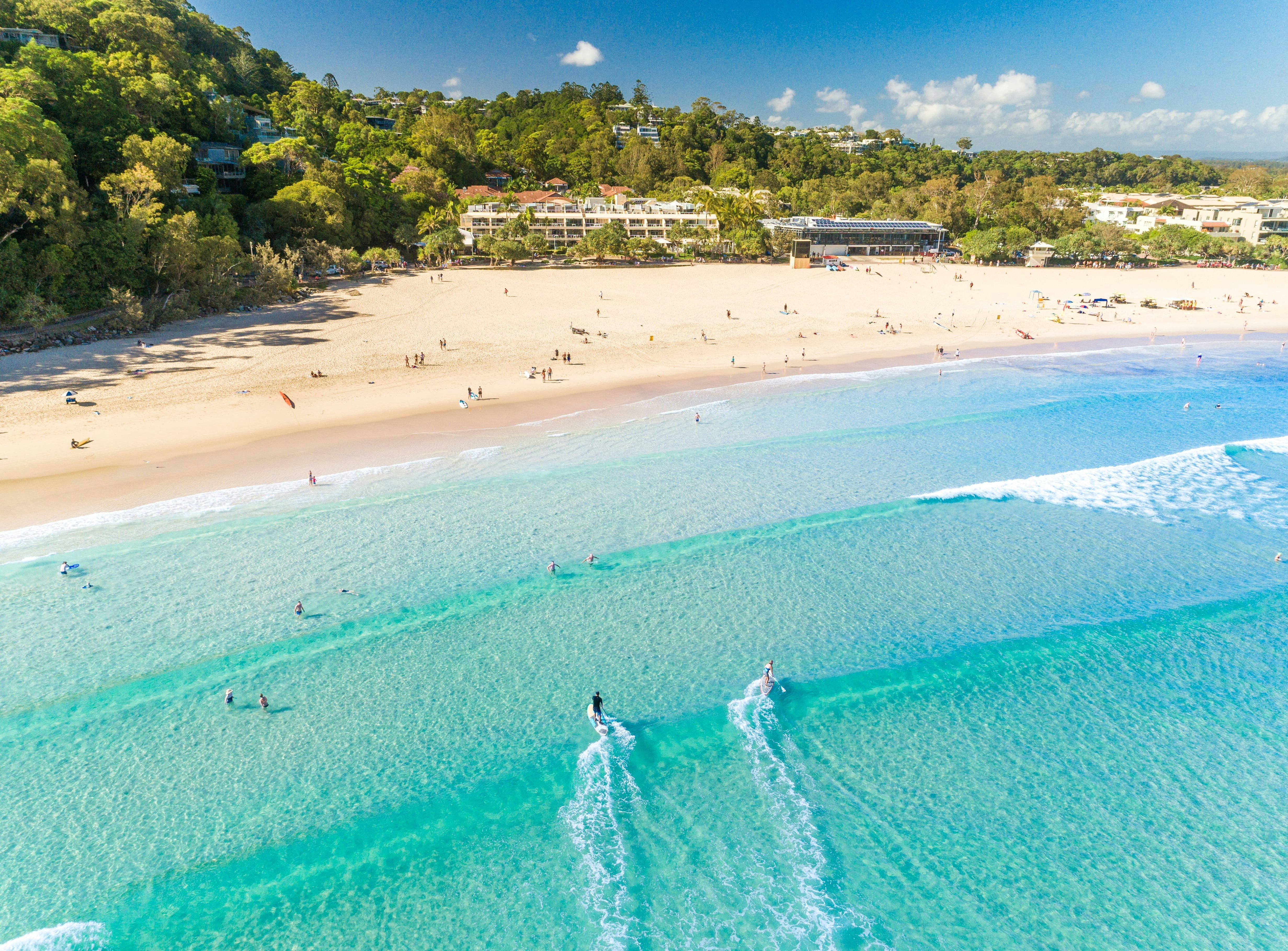 An aerial shot of of people swimming and surfing at Noosa Beach in the Sunshine Coast.