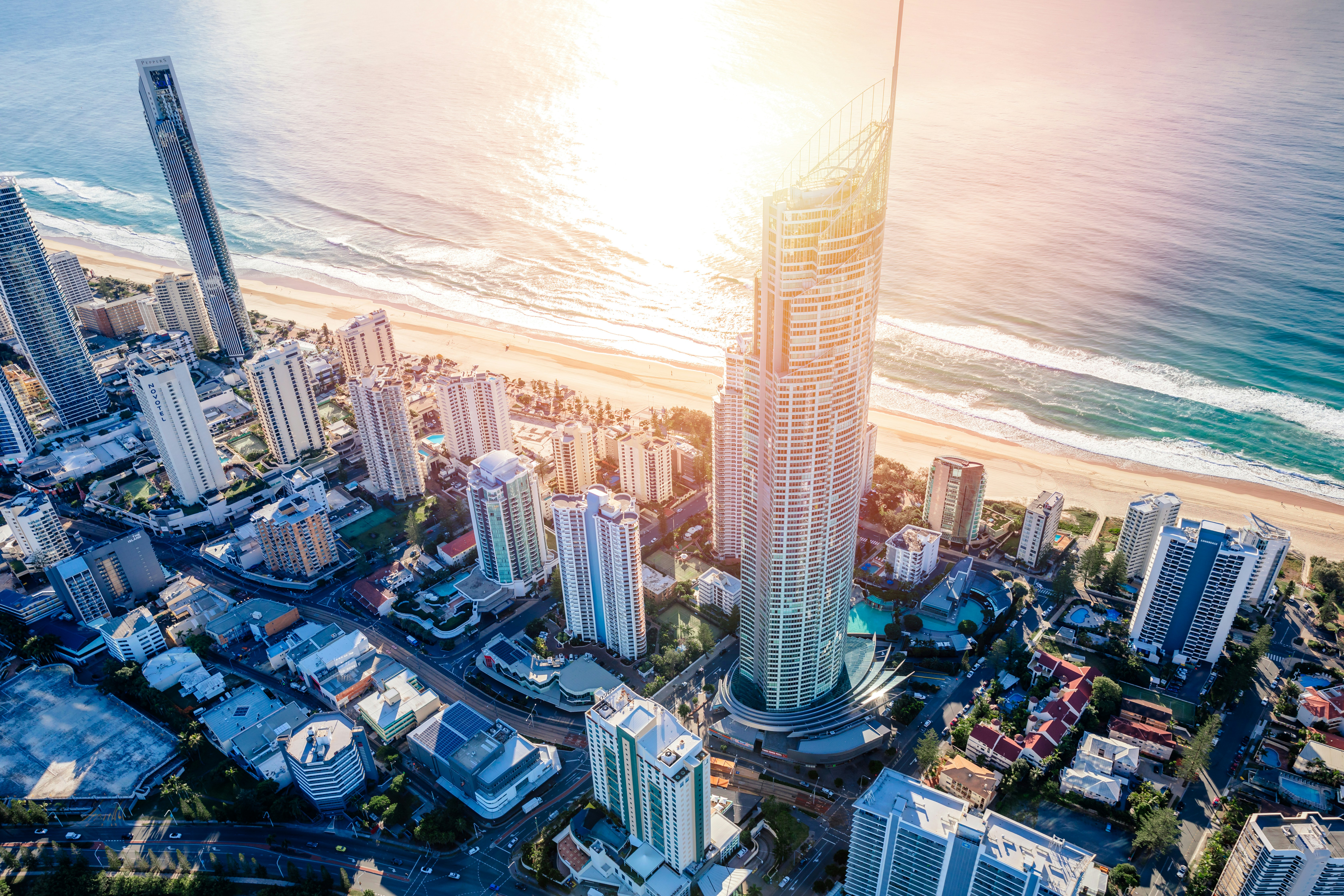 A late afternoon shot of the Gold Coast CBD, showing the beach. 