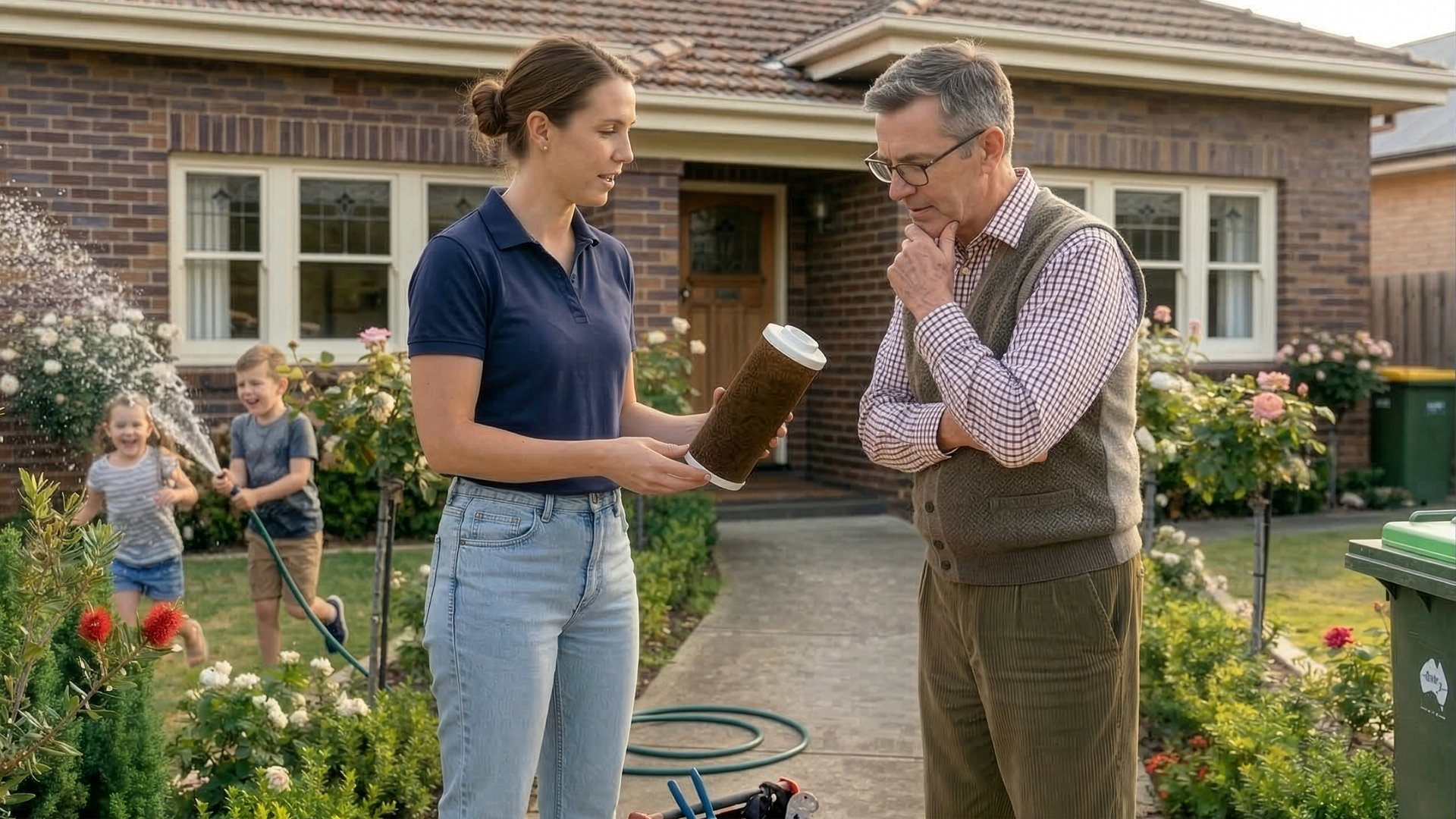 Service technician holding a filter while speaking to a man in his front yard. 