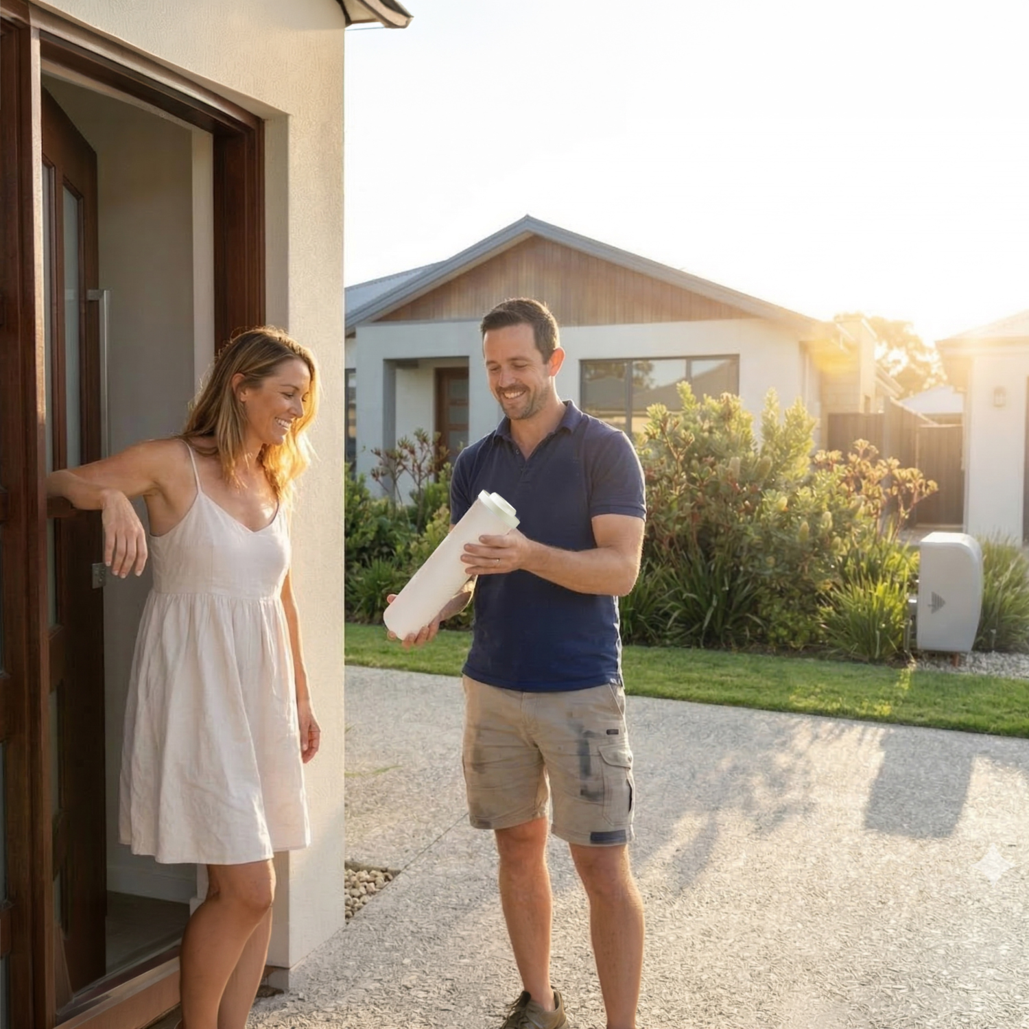 A specialist holds a new filter cartridge while speaking to a homeowner standing in her doorway.