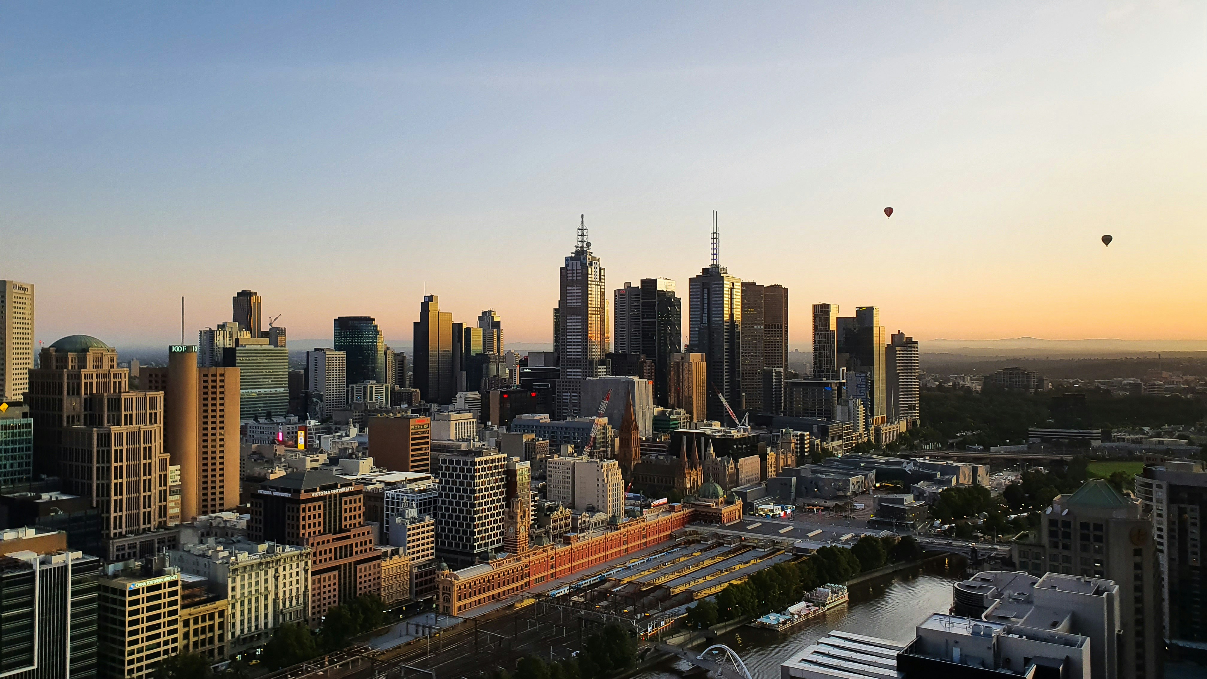 A shot of the Melbourne skyline from a view above the city. 