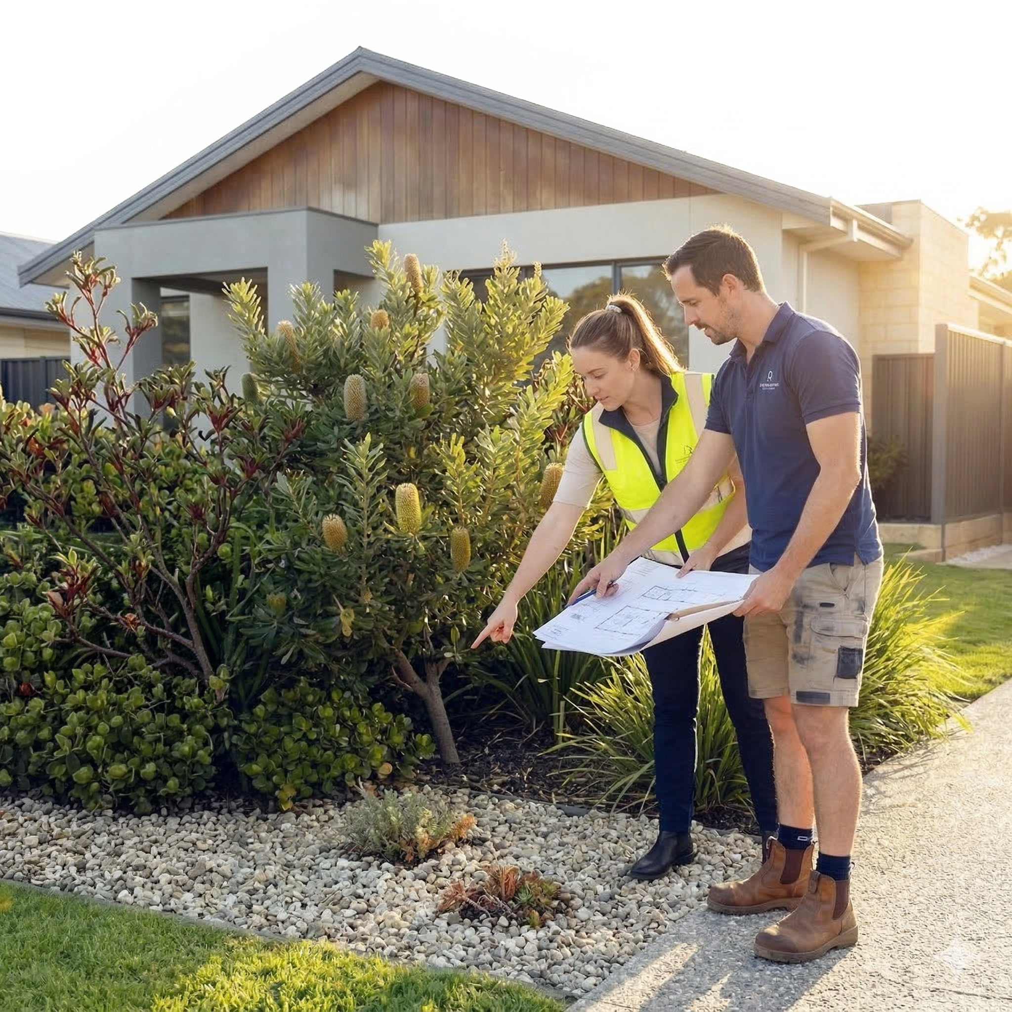 Builder and technician consulting plans at a house